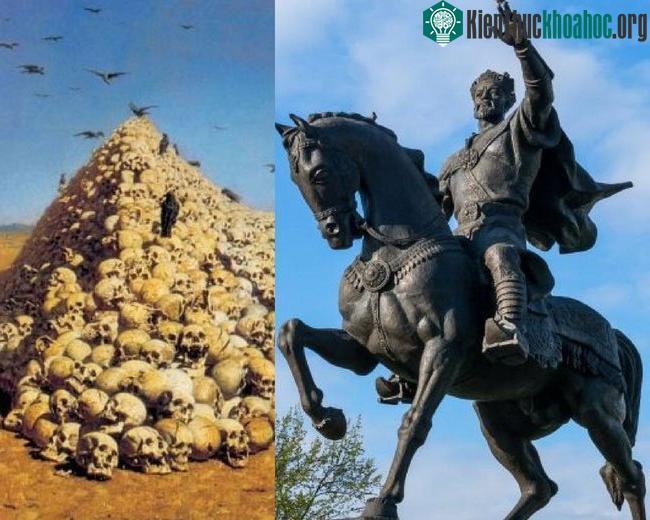 Timur cho người chặt đầu toàn bộ những người trên và xếp đầu của phản tặc thành tháp sọ người