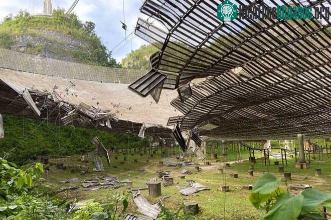 Kính viễn vọng tại Đài quan sát Arecibo bị vỡ một phần sau sự cố đứt cáp đỡ bệ kim loại.