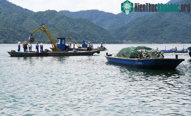 Khi lũ được xả, mực nước trong hồ xuống thấp