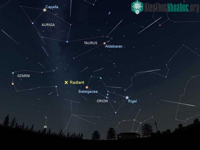 Khu vực xuất hiện Orionids nằm ở giữa hai ngôi sao Betelgeuse và Rigel.