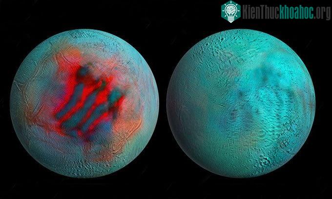 Ảnh chụp cực bắc mặt trăng Enceladus (trái) và cực nam (phải).