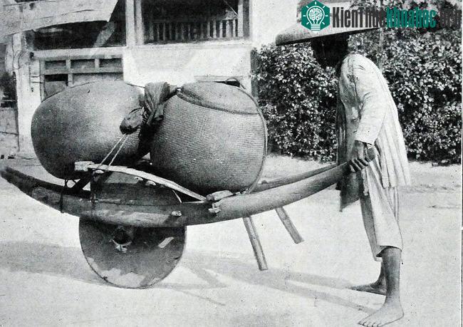 Một cu-li xứ Bắc Kỳ vận chuyển gạo bằng xe cút kít.