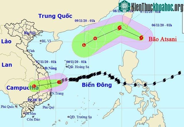 Vị trí và hướng di chuyển của bão Atsani.