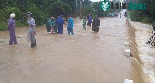 Nước lũ tràn qua quốc lộ 29