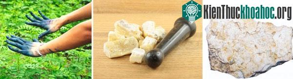 Đất sét palygorskite, nhựa Copal (ở giữa) và màu chàm dính trên tay người hái chàm.