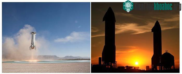 2 bản mẫu tên lửa Starship trên bệ phóng và tên lửa New Shepard của Blue Origin đang hạ cánh.