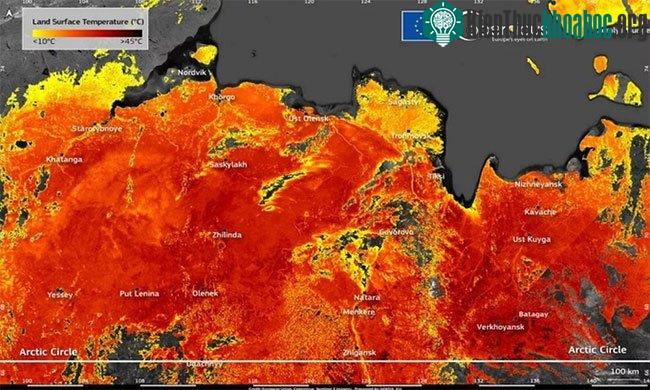 Hình ảnh chụp hôm 20/6 hé lộ đợt sóng nhiệt ở Siberia (màu càng đỏ nhiệt độ càng cao)
