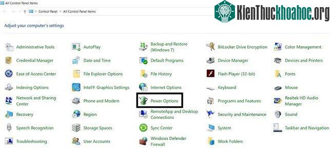 Click chọn Power Options