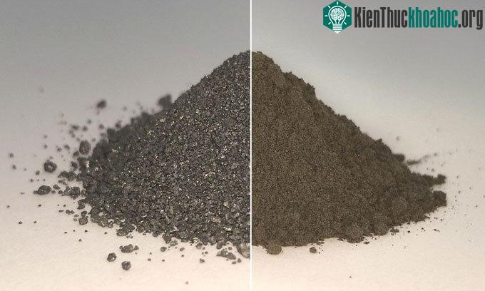 Đất Mặt trăng mô phỏng chưa qua xử lý (trái) và sau khi đã tách oxy (phải)