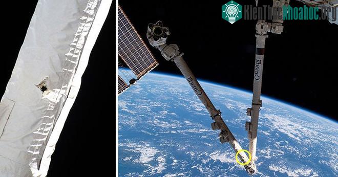 Cánh tay Canadarm2 và cận cảnh hư hại sau vụ va chạm.