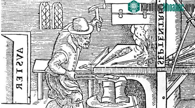 Hình ảnh miêu tả William Gilbert rèn một nam châm.