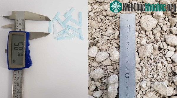 Cốt bê tông tái chế (trái) và vụn khẩu trang được phối trộn để tái chế