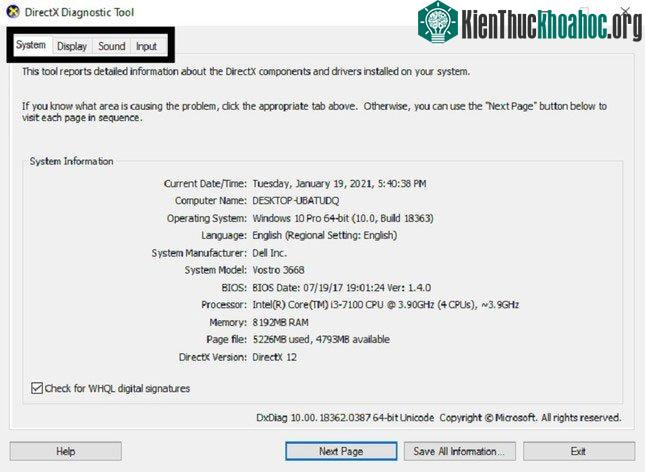 Bảng DirectX Diagnostic Tool