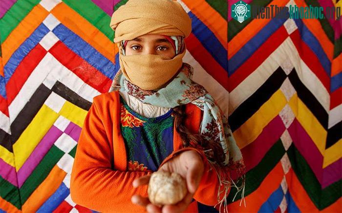 Salma Mohsen, thợ săn nấm 10 tuổi, chụp ảnh cùng thành quả của mình.