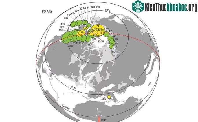Cực Bắc thật sự của Trái đất (các hình tròn) đã chạy lung tung trong suốt 84 triệu năm qua