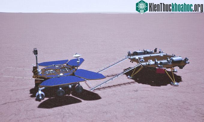 Mô phỏng robot thăm dò Chúc Dung lăn bánh trên sao Hỏa.