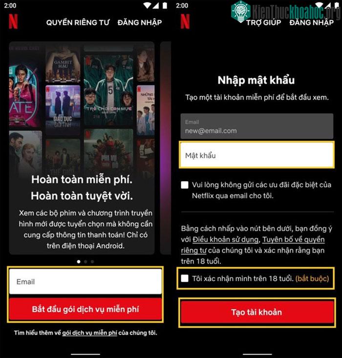 Mở ứng dụng Netflix, đăng ký tài khoản với email của mình