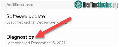 Trong phần “Additional Care” (Chăm sóc bổ sung), hãy chọn “Diagnostics” (Chẩn đoán).