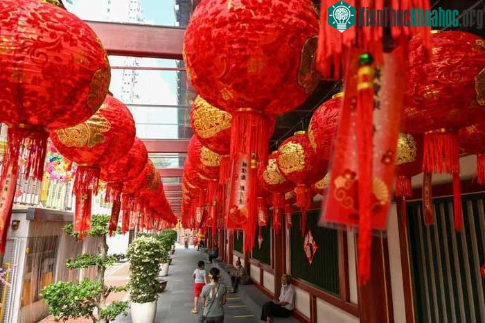 Treo đèn lồng đón Tết Nguyên đán tại một ngôi chùa ở Singapore ngày 31/1/2022.