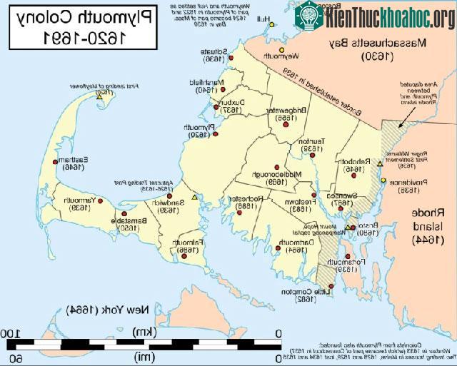 Bản đồ các khu định cư của Thuộc địa Plymouth từ năm 1620 đến năm 1691.